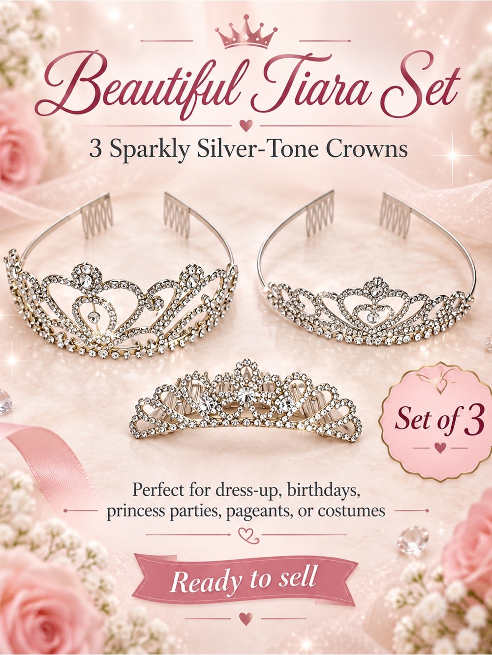 Set of 3 Silver Rhinestone Tiara Crowns – Princess Dress Up Party Costume